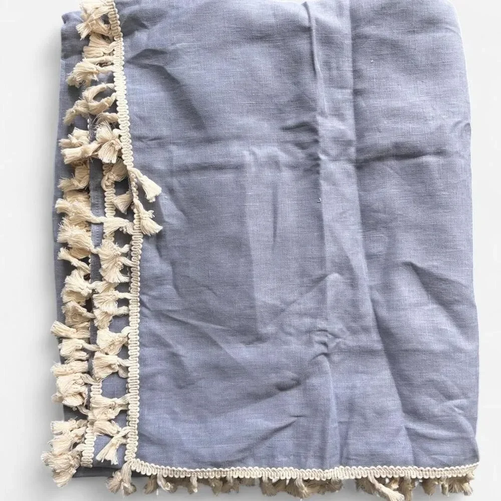 100% Linen Blue Throw Blanket Blue Tassels 58x49 Decorative Couch Sofa Decor NWT